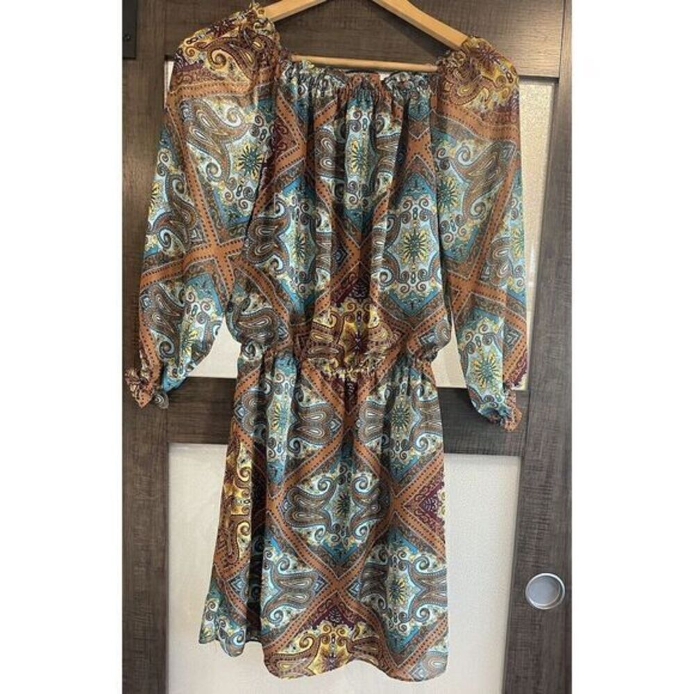 Charming Charlie Geo Boho On/Off Shoulder Jacquard‎ 3/4 Sleeve Knee Dress Size S